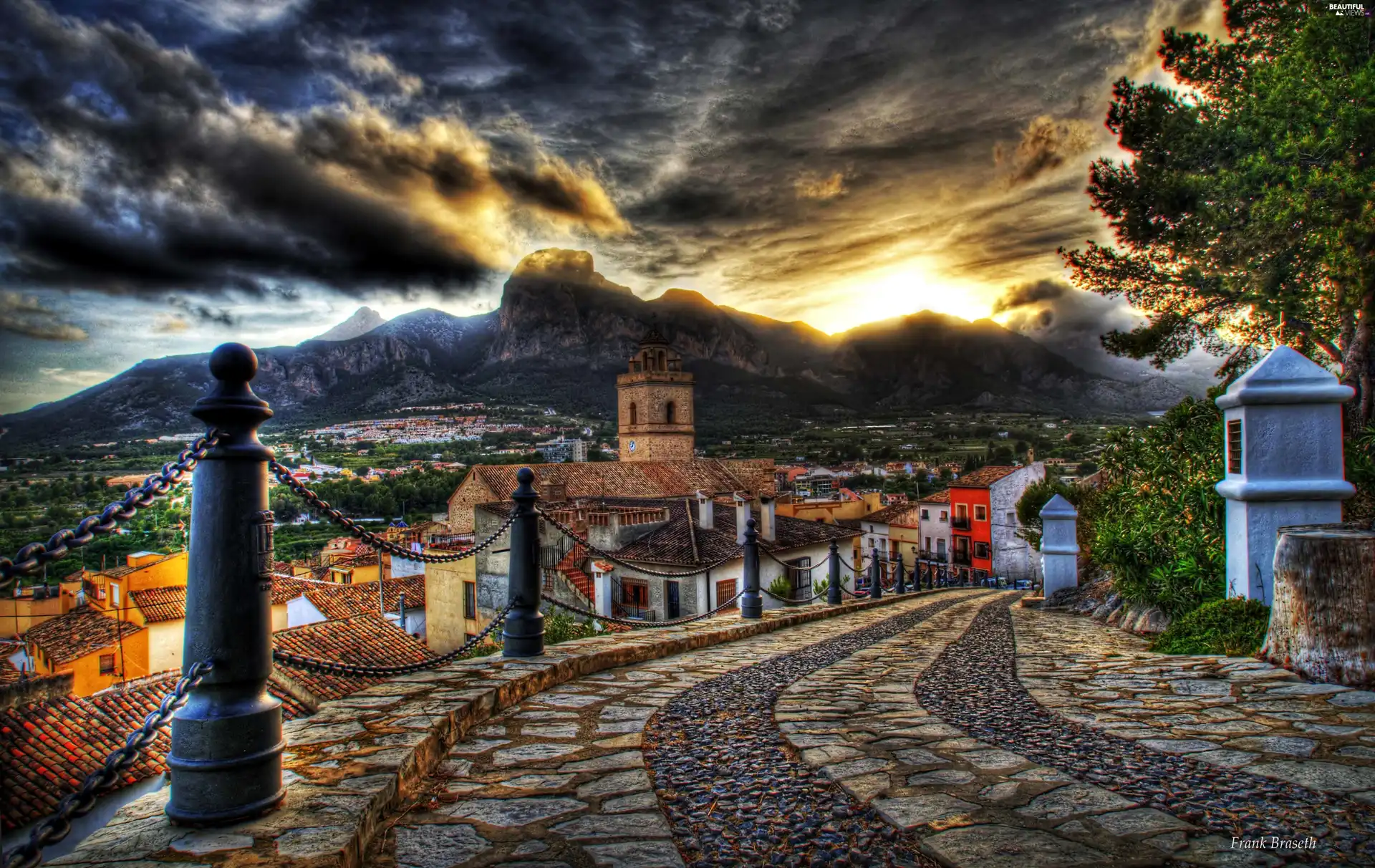 Town, Mountains, clouds, Way