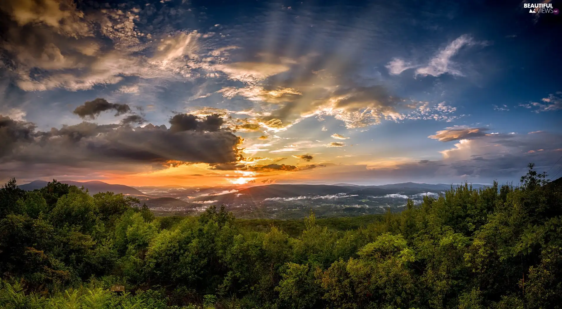 Sunrise, clouds, trees, viewes, Mountains