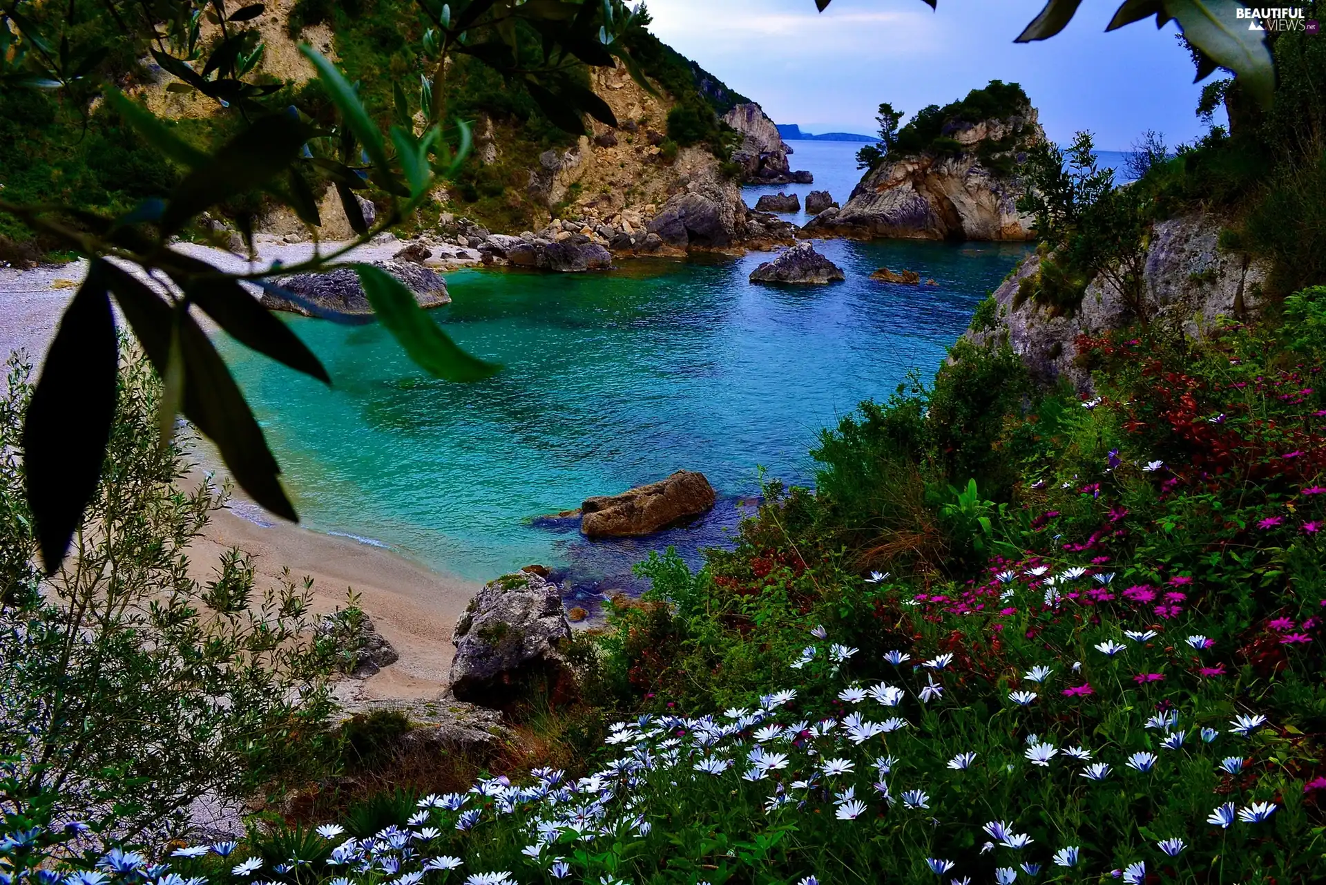 rocks, sea, Greece, Corfu Island, Coast, Beaches