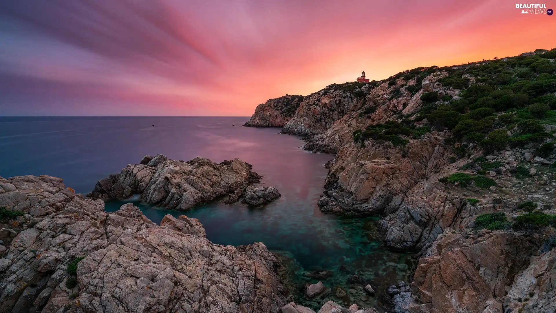 Lighthouses, Great Sunsets, Coast, rocks, sea