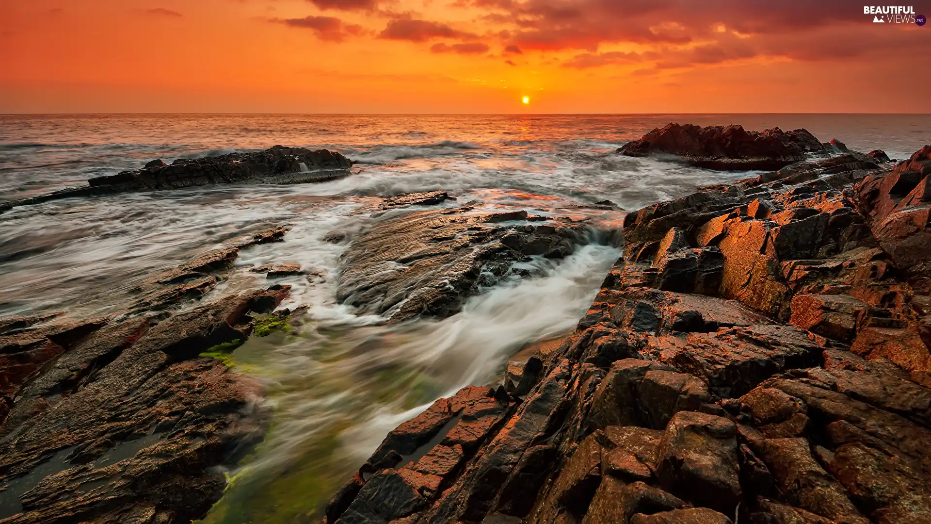 rocks, clouds, sea, Coast, Great Sunsets