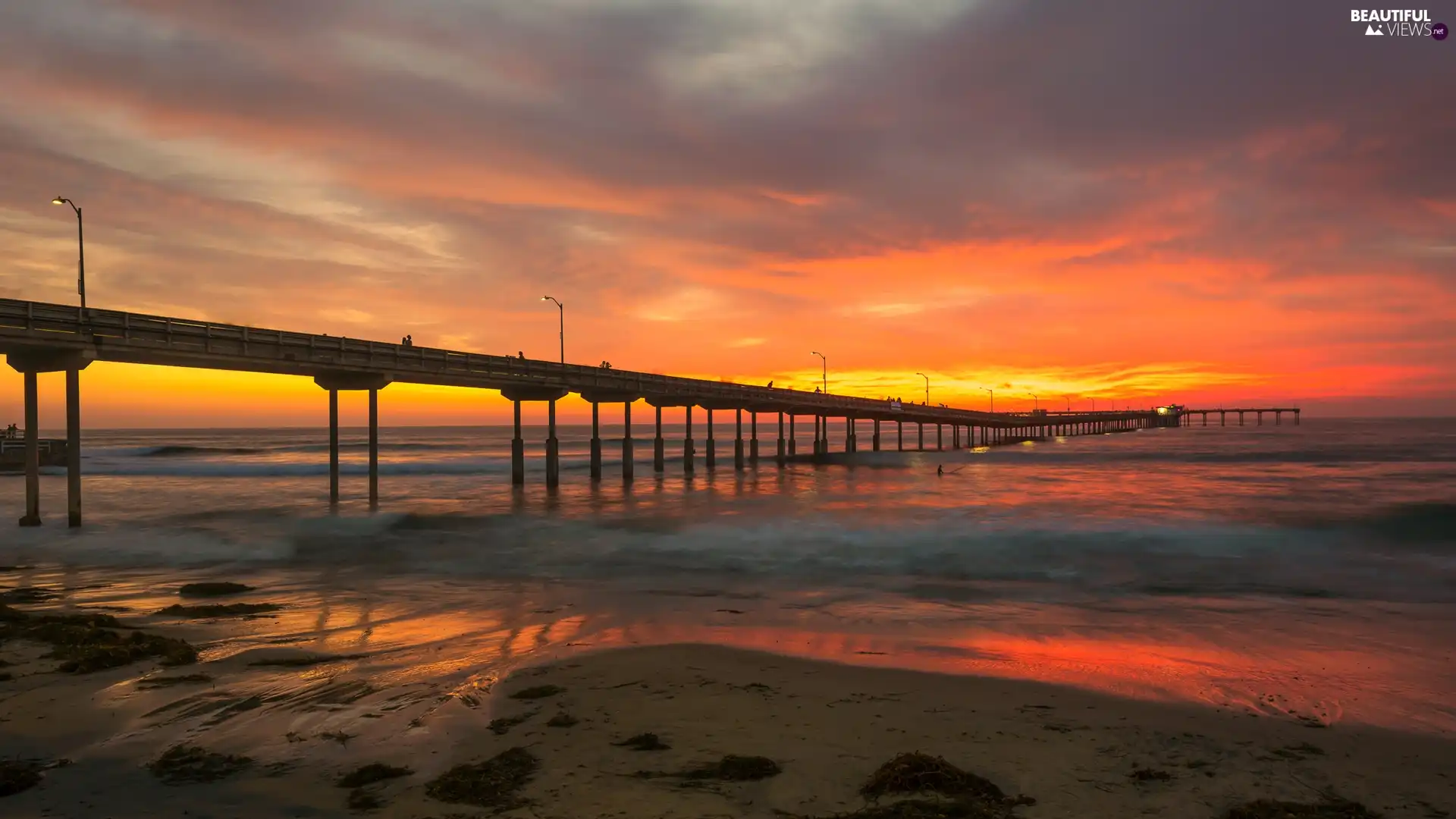 Great Sunsets, sea, color, Sky, clouds, pier