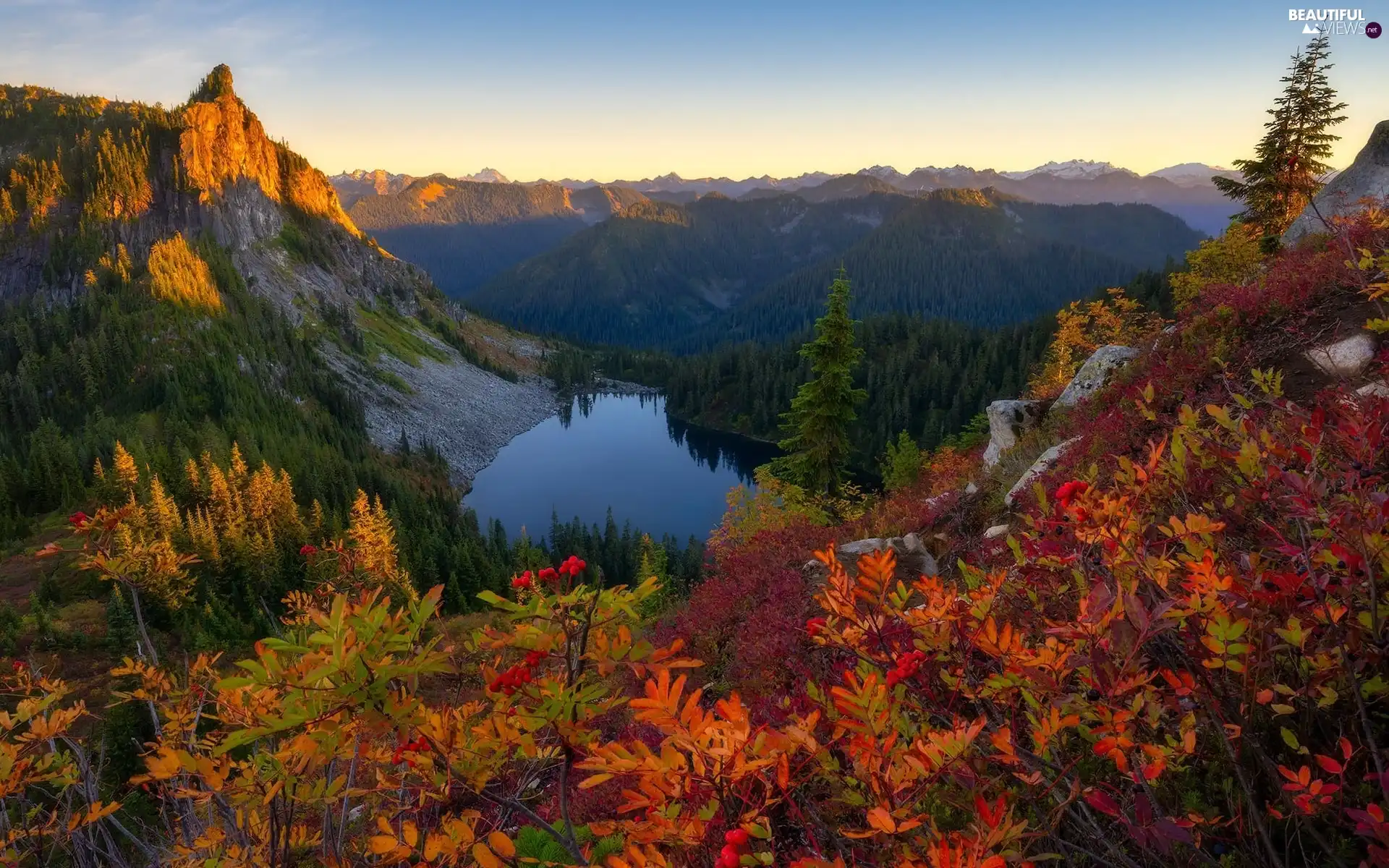 rocks, trees, autumn, viewes, VEGETATION, lake, Mountains, Coloured