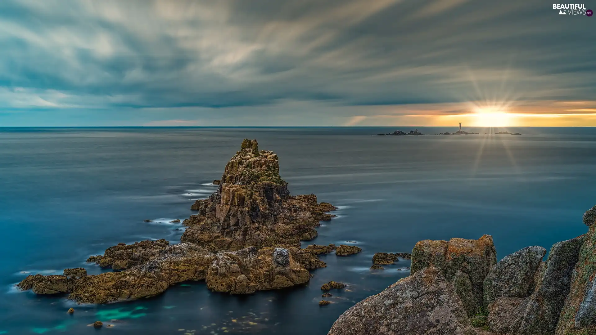 rocks, Great Sunsets, Cornwall, sea, England