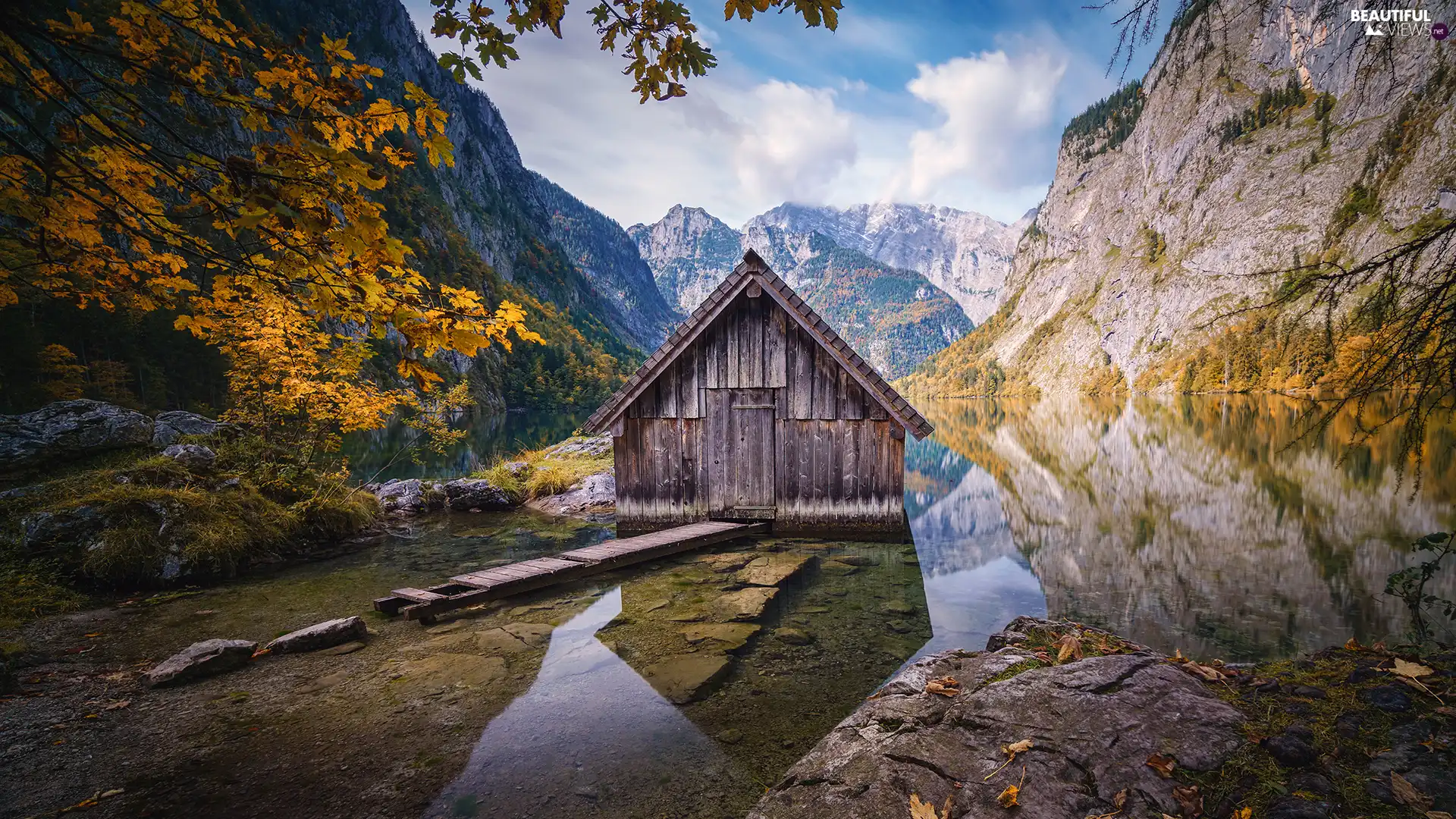 viewes, trees, Wooden, Obersee Lake, house, cottage, Alps Mountains, Germany, autumn, Stones, Berchtesgaden National Park, Bavaria