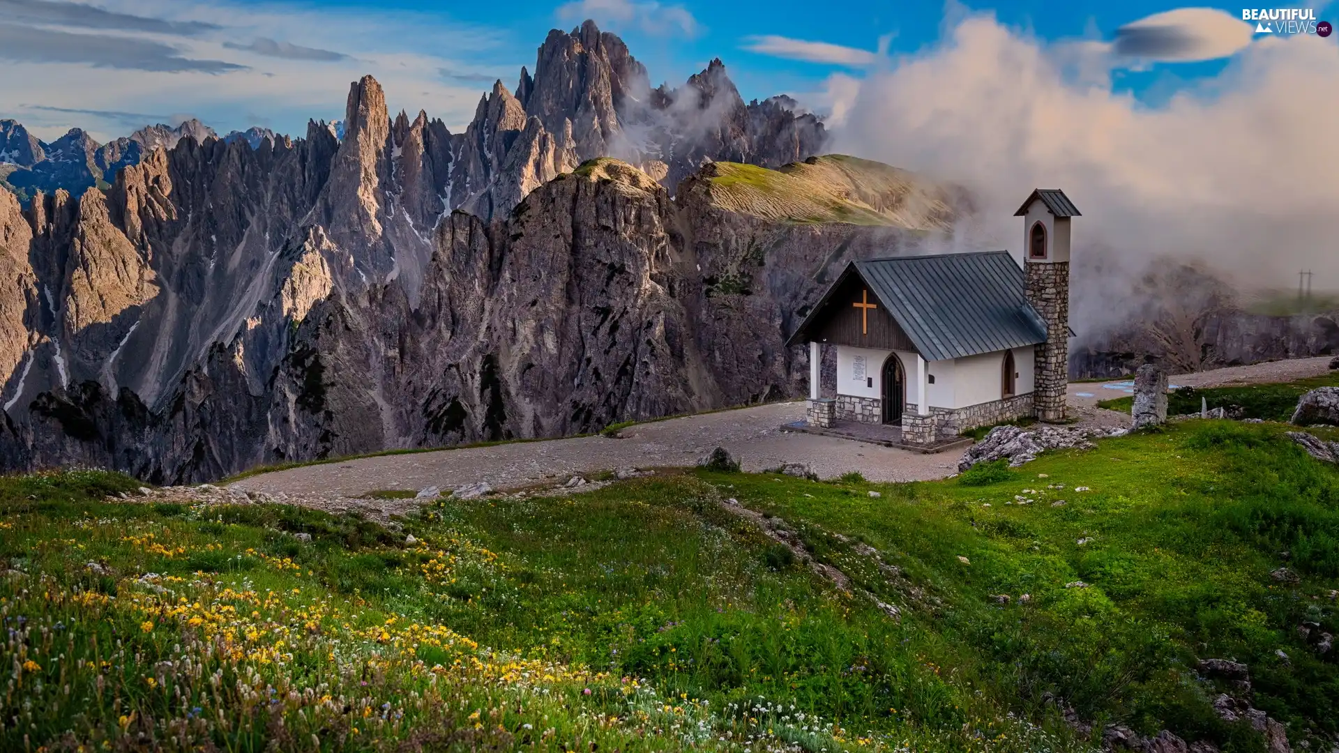 Mountains, chapel, Italy, Dolomites
