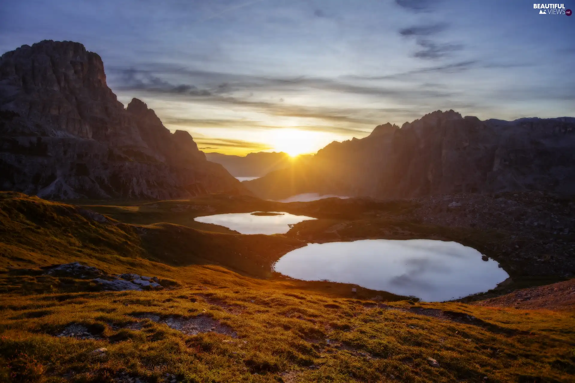 lakes, Great Sunsets, Dolomites, Italy, Mountains