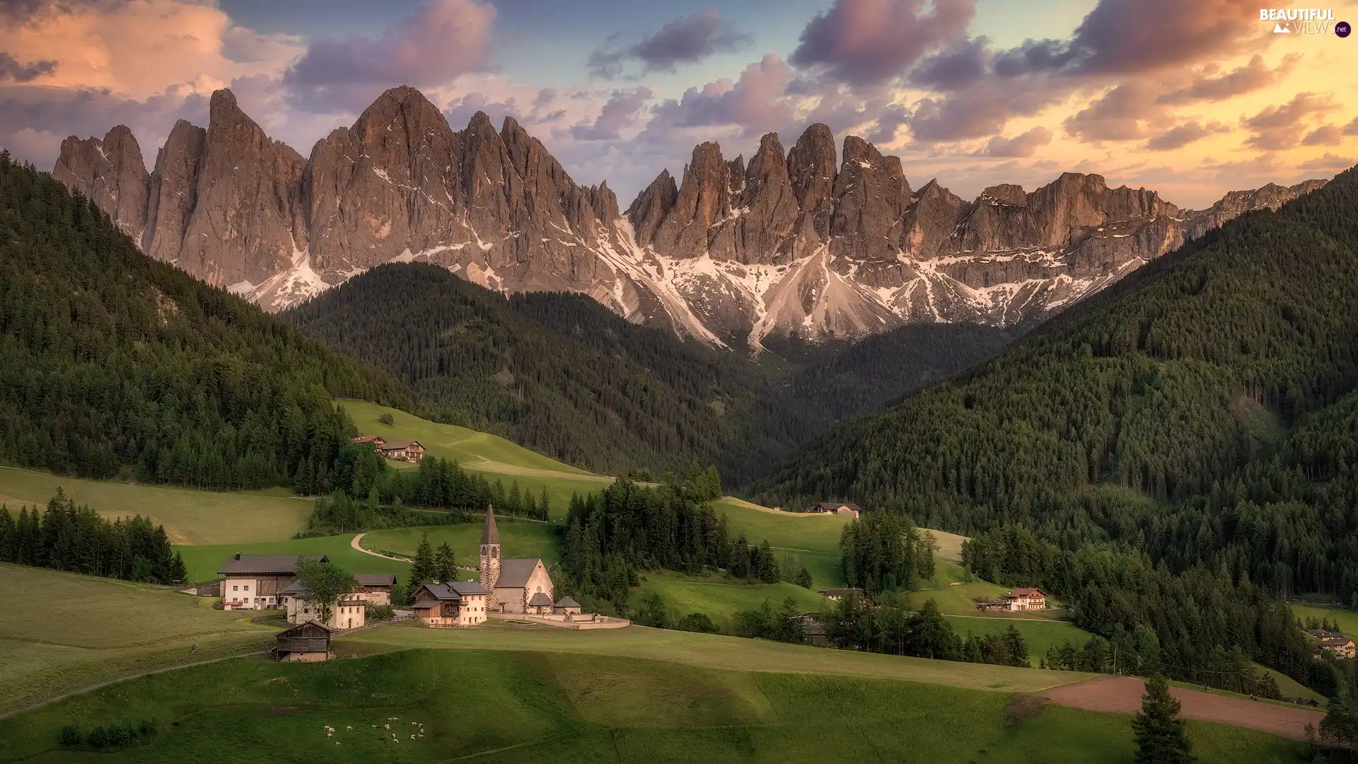 woods, viewes, buildings, Santa Maddalena, country, Church, trees, Mountains, Italy, Val di Funes Valley, Massif Odle, Dolomites