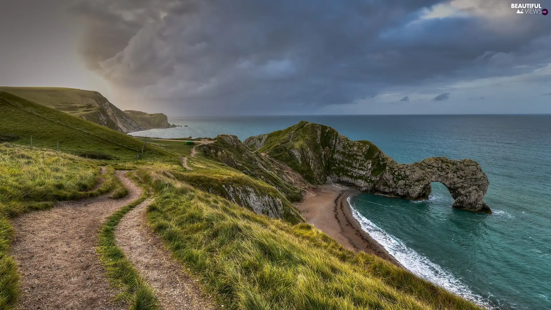 Jurassic Coast, County Dorset, Limestone Durdle Door, sea, England, Rocks, clouds