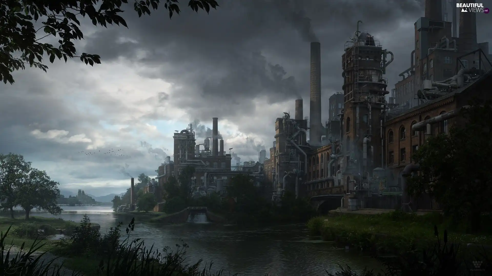 factory, industry, Matte painting, Chimneys, clouds, buildings, River, Sky