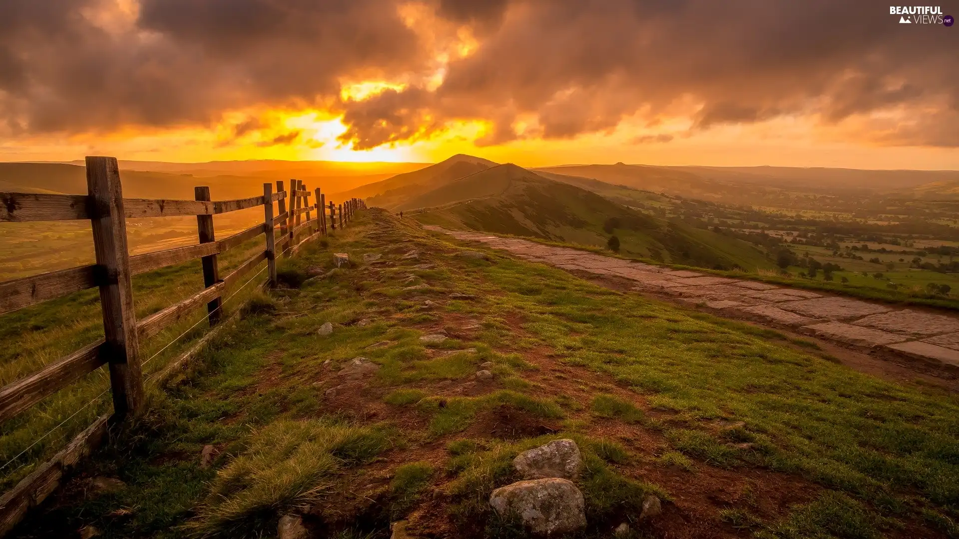 County Derbyshire, England, Peak District National Park, Mountains, Fance, Path, Sunrise, clouds, The Hills