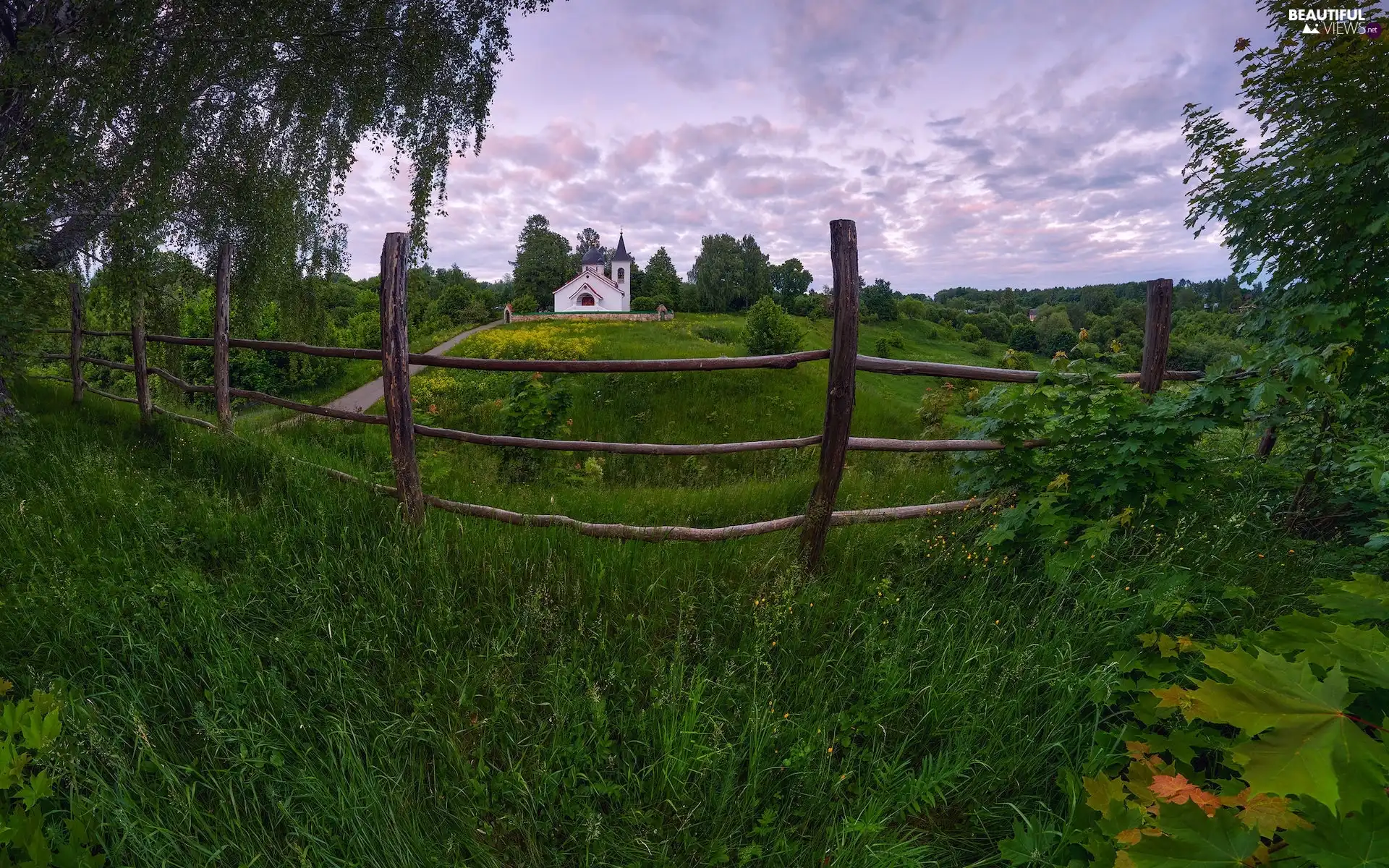 Church, Hill, Way, fence, Meadow, trees, summer