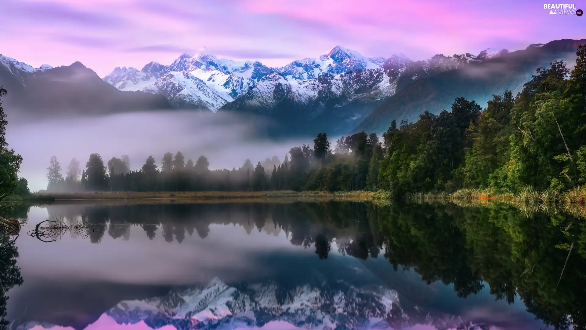 reflection, Sunrise, viewes, trees, Matheson Lake, Mount Cook National Park, New Zeland, Mountains, morning, Mount Cook, Fog