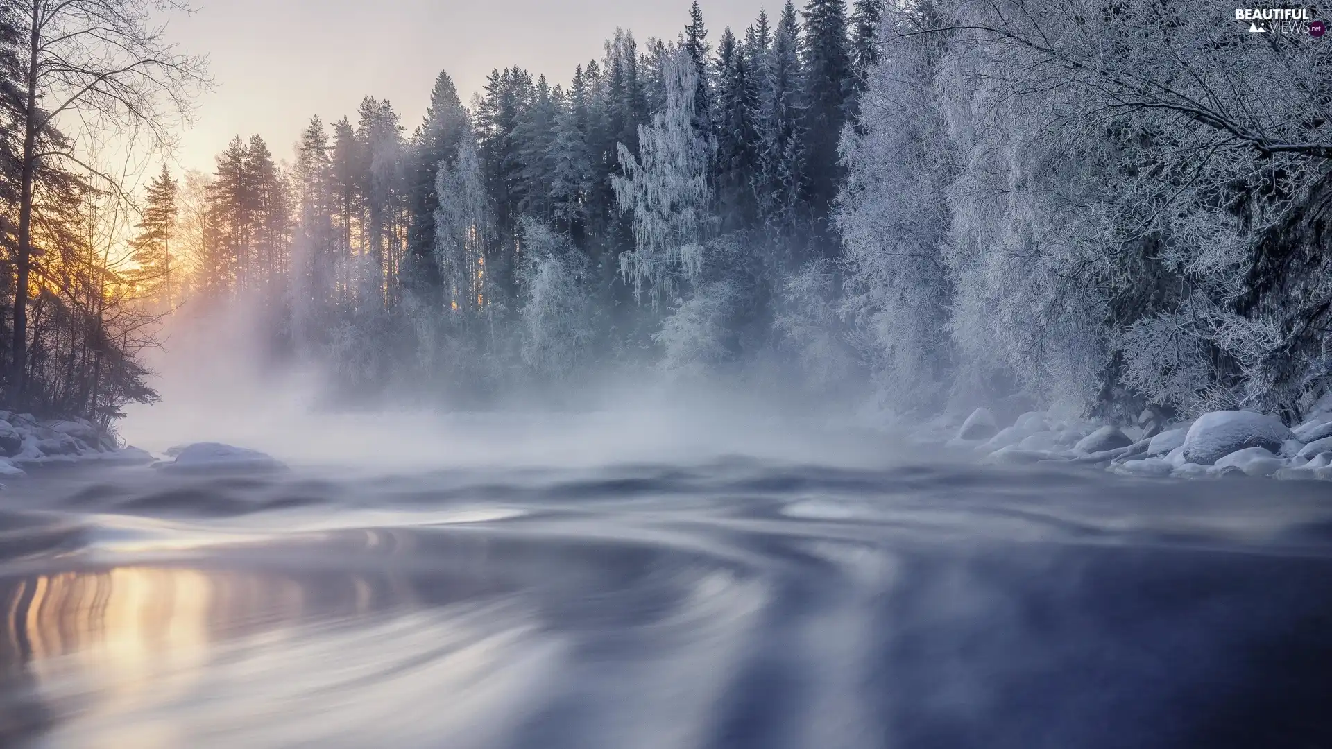 trees, viewes, Finland, forest, winter, Snowy, River, Fog