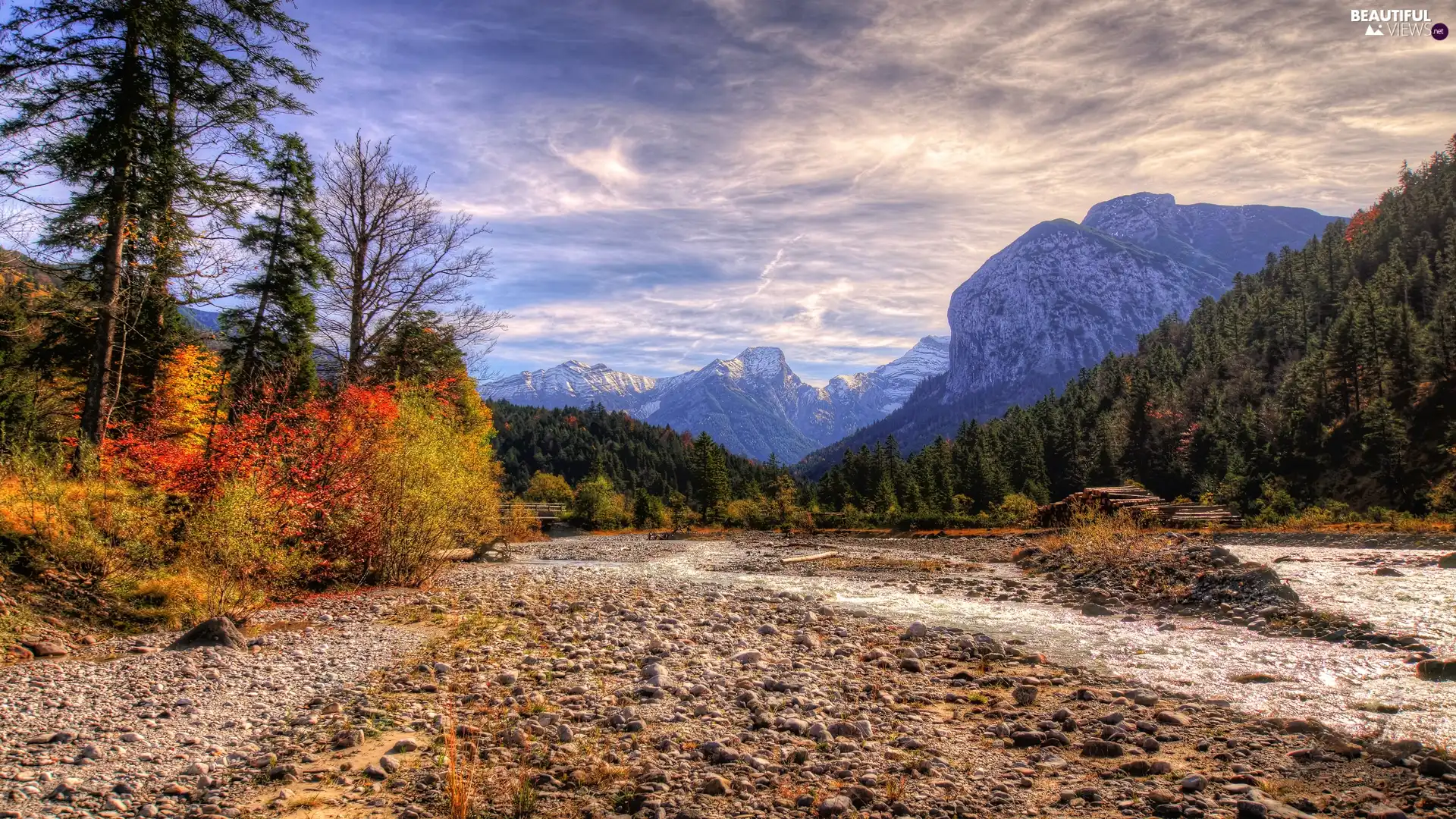 trees, River, autumn, forest, Mountains, viewes, clouds