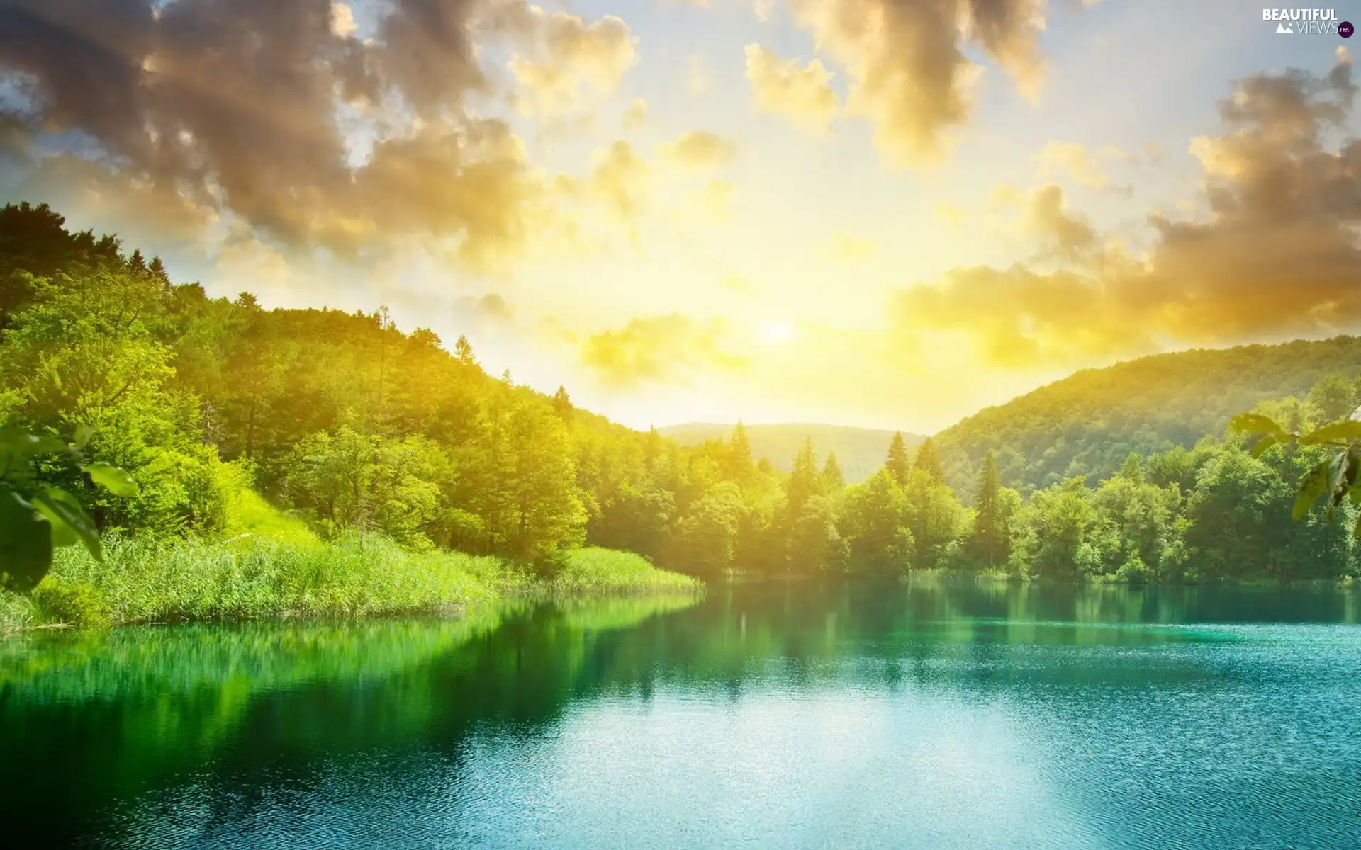 forest, lake, sun, Mountains, west