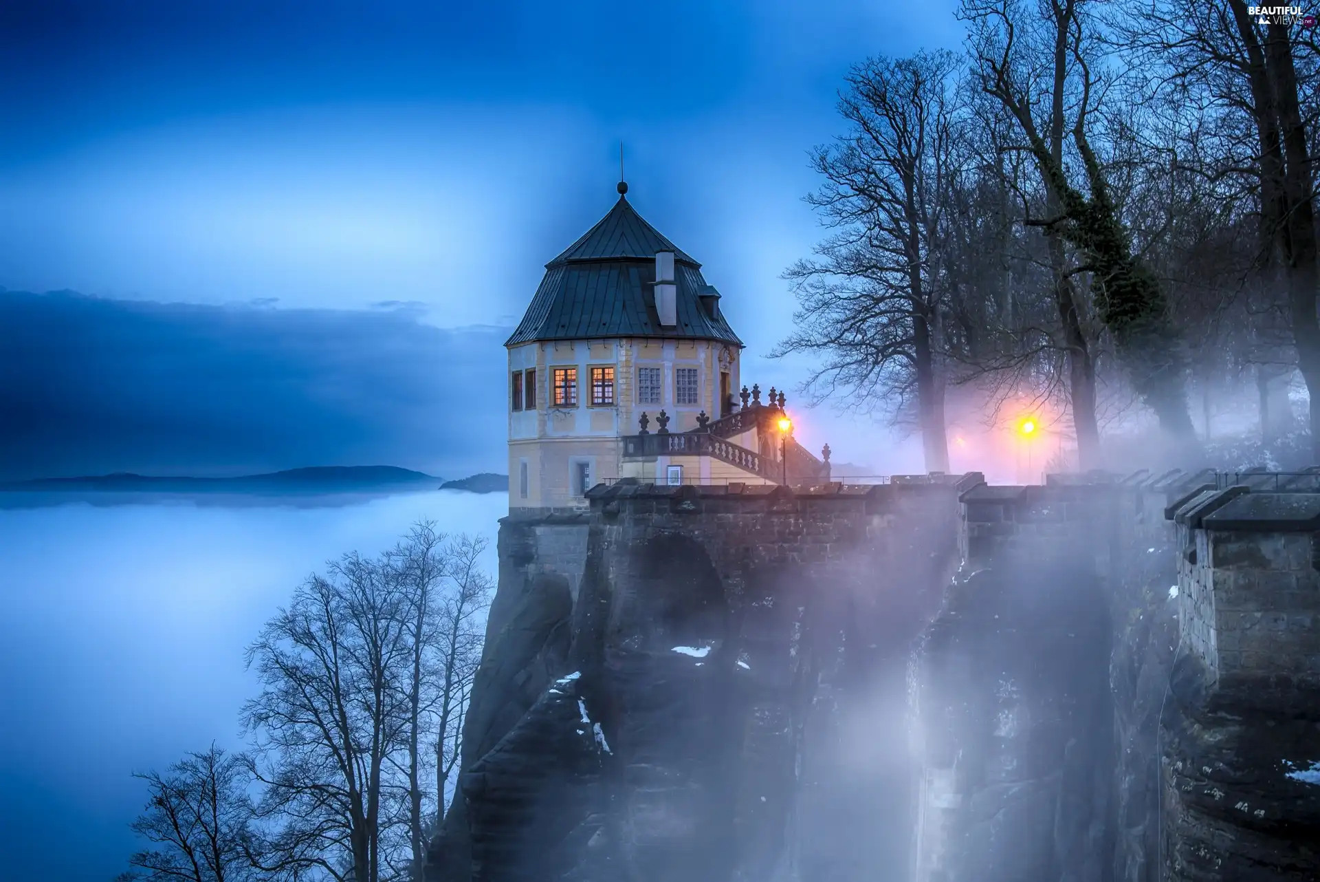 cliff, Castle, twilight, bed-rock, Fog, forest, lanterns