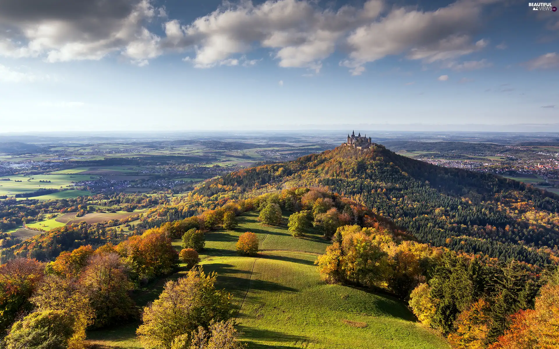 Baden-Württemberg, Germany, The Hills, forest, clouds, Hohenzollern Castle, Hohenzollern Mountain, autumn