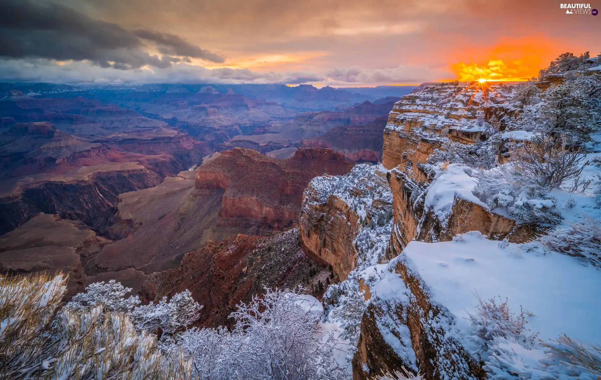 snow, Great Sunsets, Grand Canyon National Park, The United States, Grand Canyon, canyon