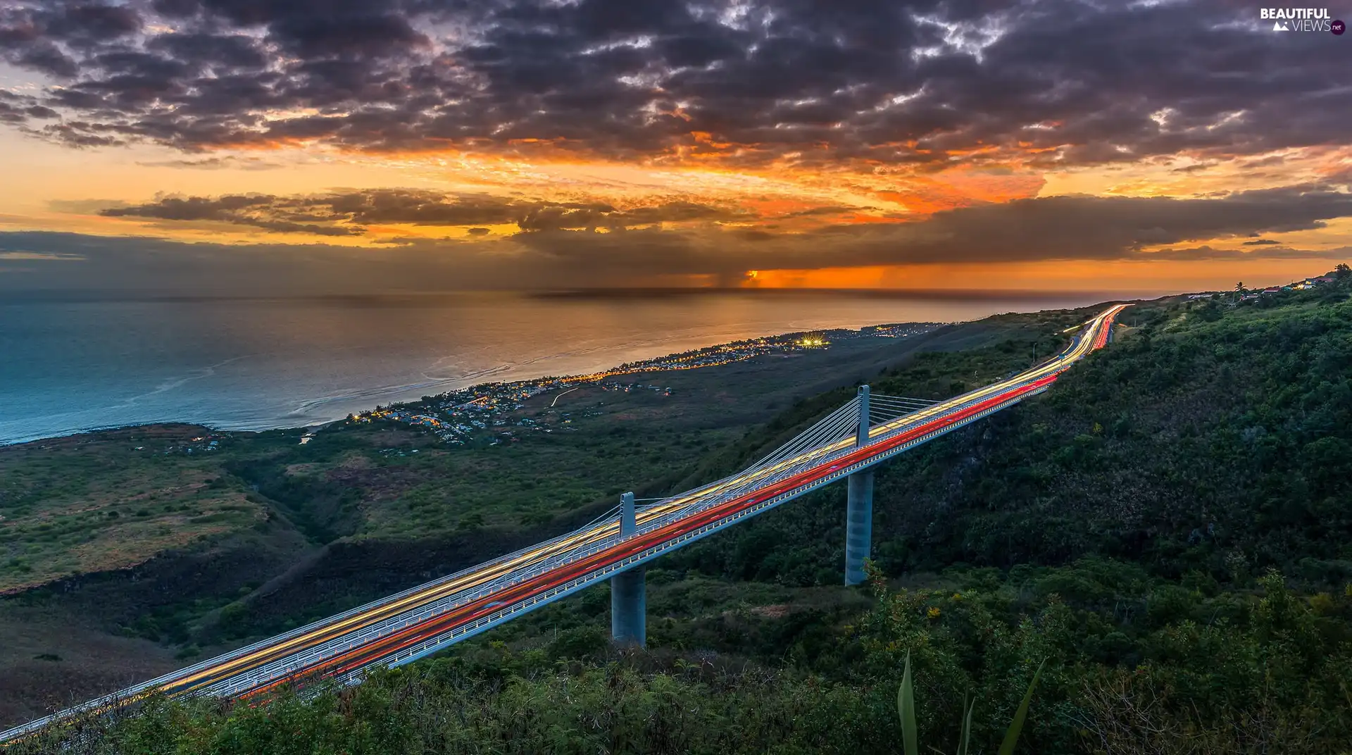 Great Sunsets, freeway, Reunion Island, clouds, bridge, sea, France