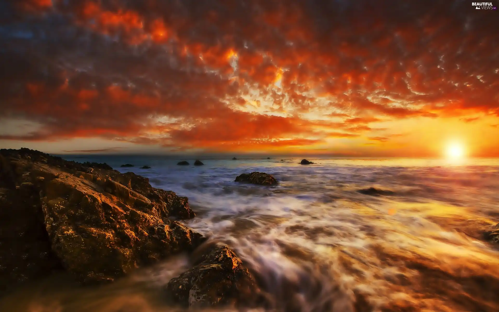sea, clouds, Great Sunsets, rocks