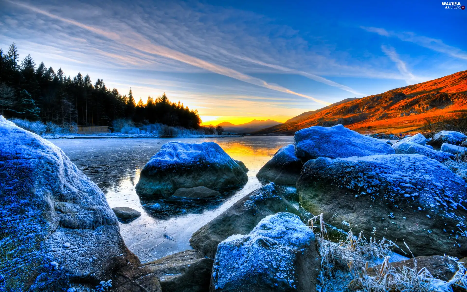 winter, Stones, Great Sunsets, River