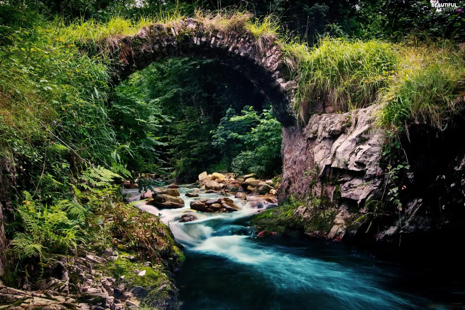 brook, bridge, green, stone