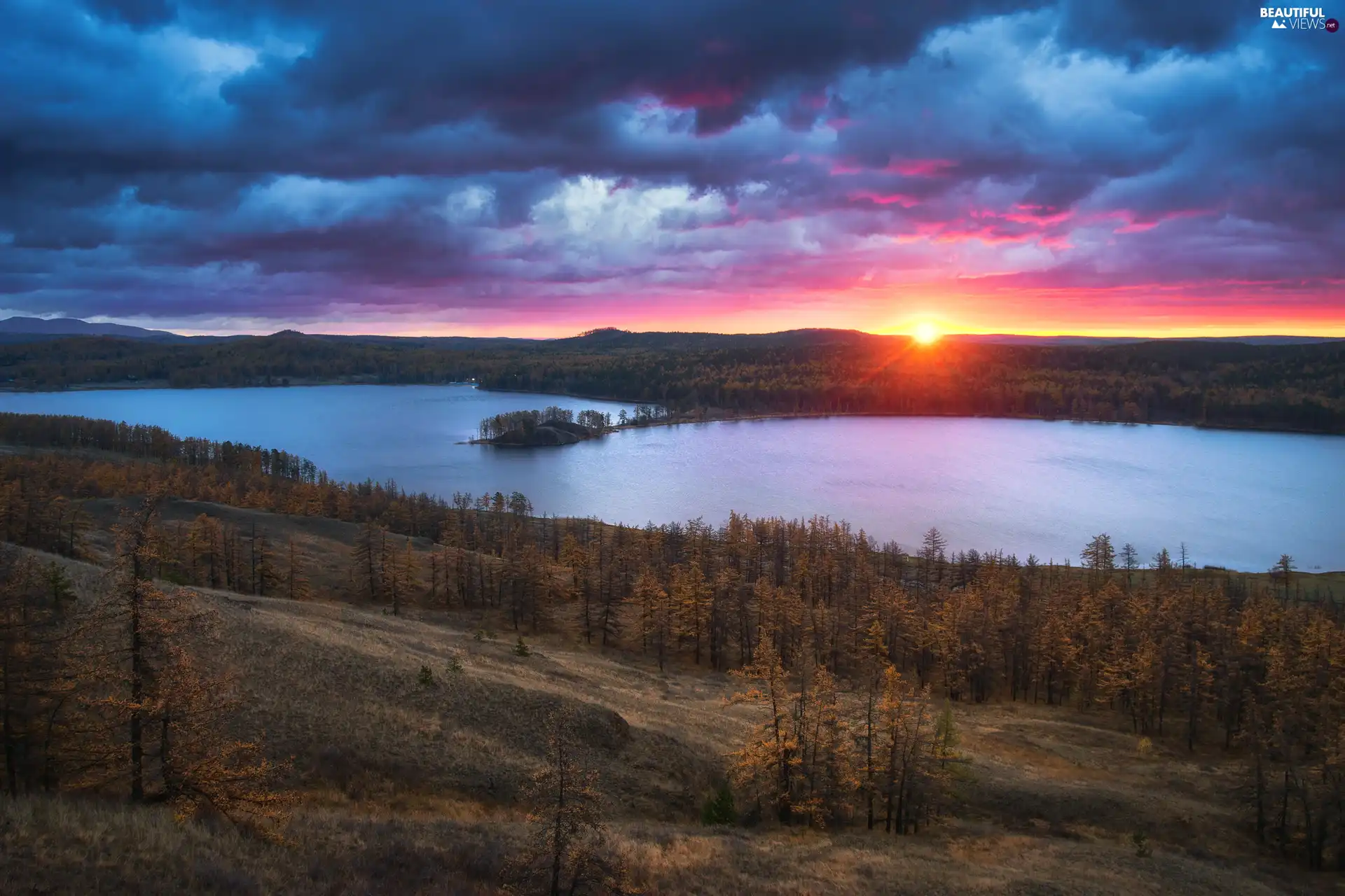 trees, lake, clouds, Great Sunsets, viewes, The Hills
