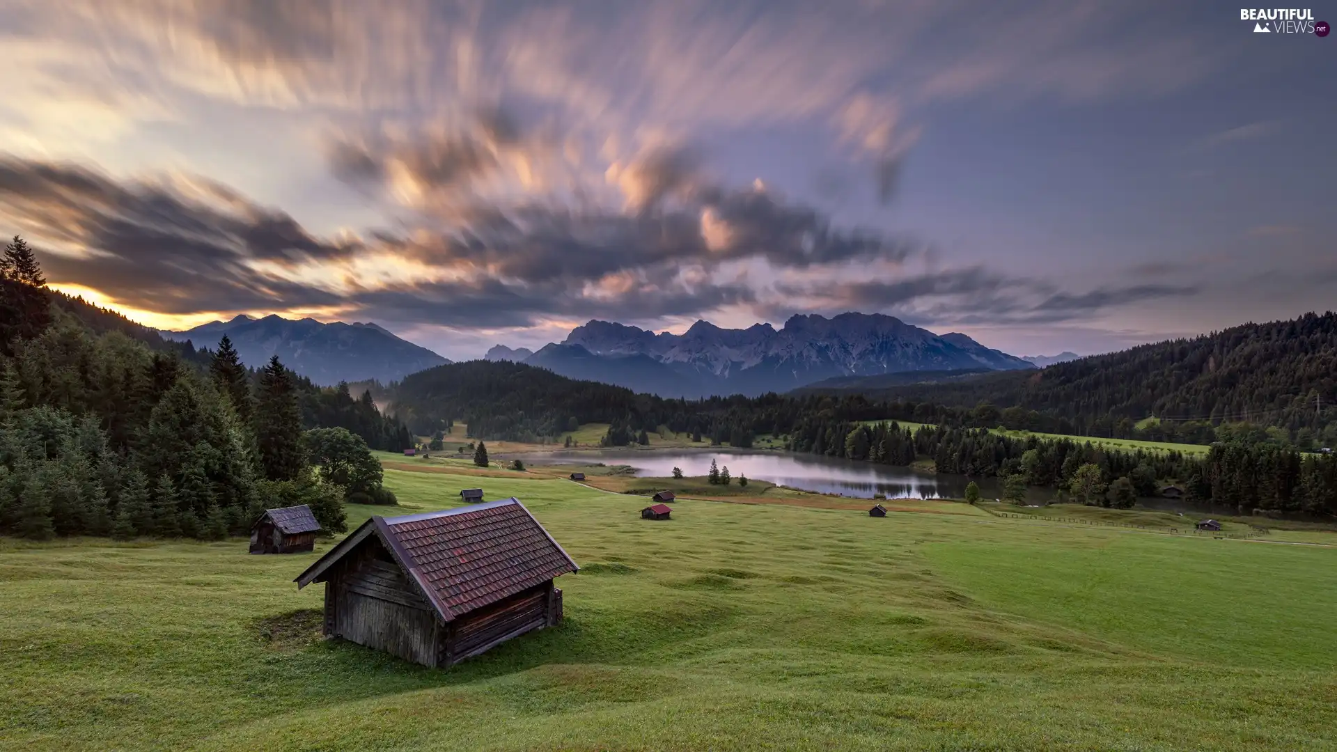 clouds, Sunrise, Krun City, viewes, trees, Bavaria, Home, Karwendel Mountains, Germany, wooden, forest, Geroldsee Lake