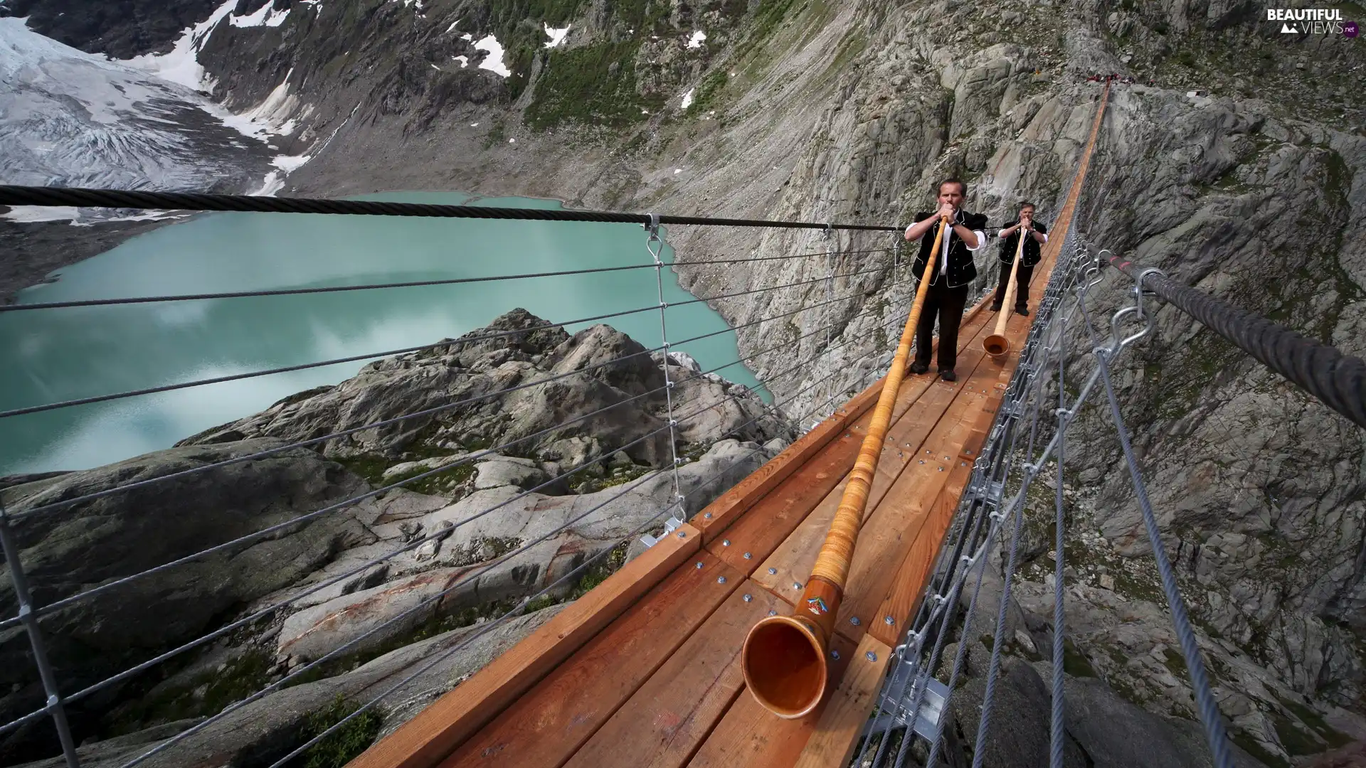 pendant, lake, instrument, bridge, Mountains, men, Alpine Horn