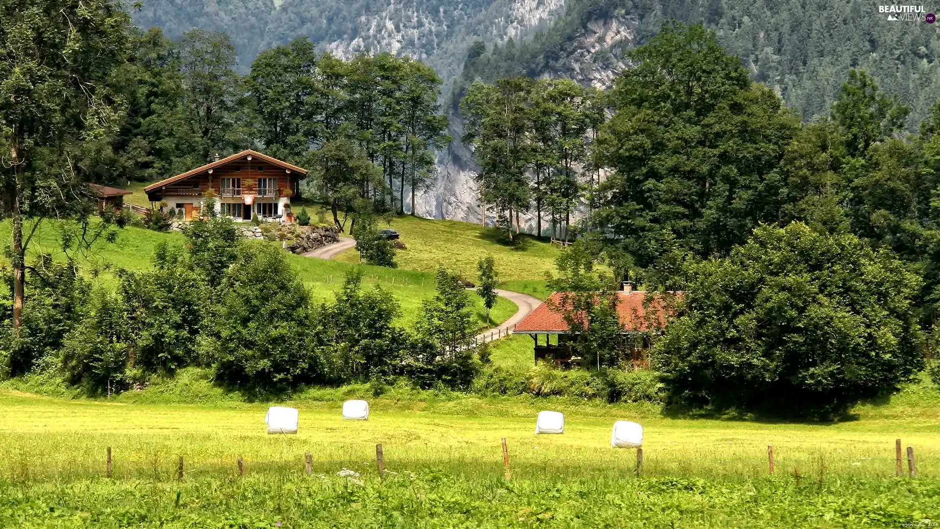 viewes, Mountains, house, HDR, Field, trees