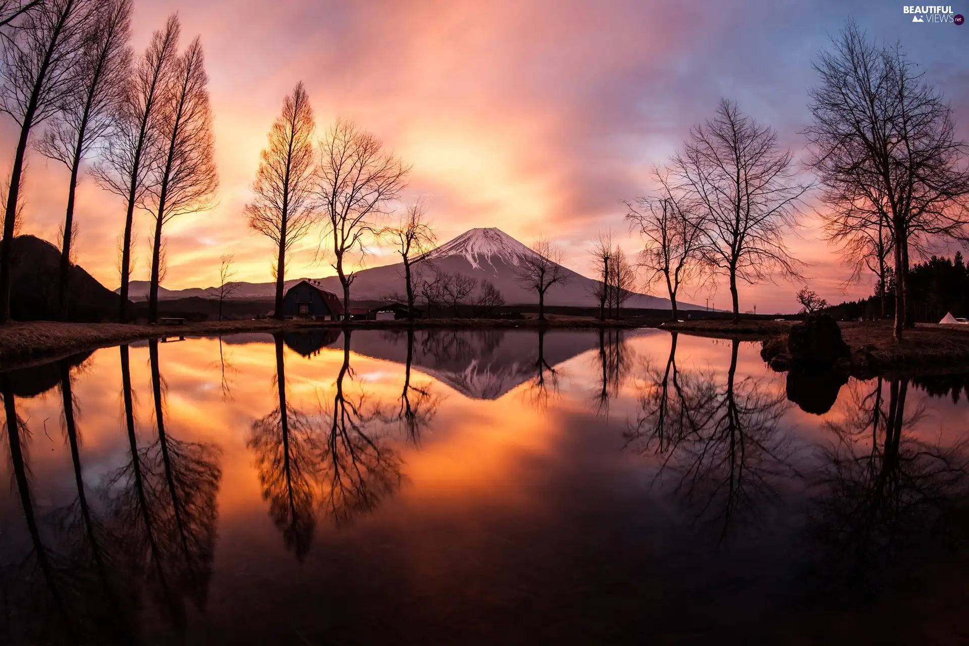 trees, Fumoto, Mountains, house, Pond - car, Japan, Mount Fuji, reflection, viewes, Great Sunsets