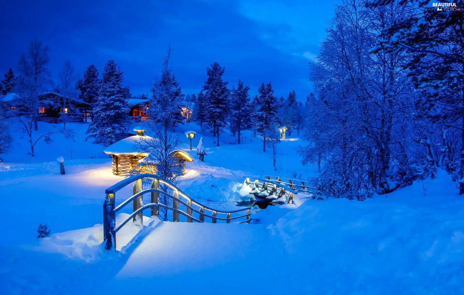 Houses, Lapland, winter, trees, Night, Finland, Kakslauttanen, viewes, bridges, illuminated