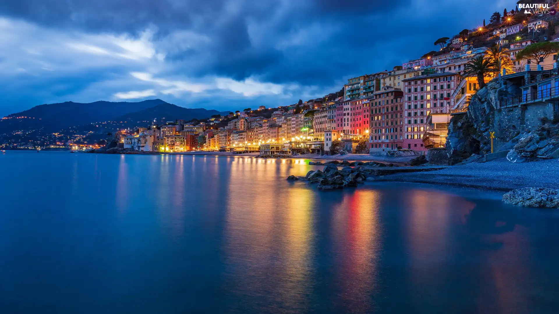 sea, illuminated, Liguria, Houses, Coast, Camogli, Italy