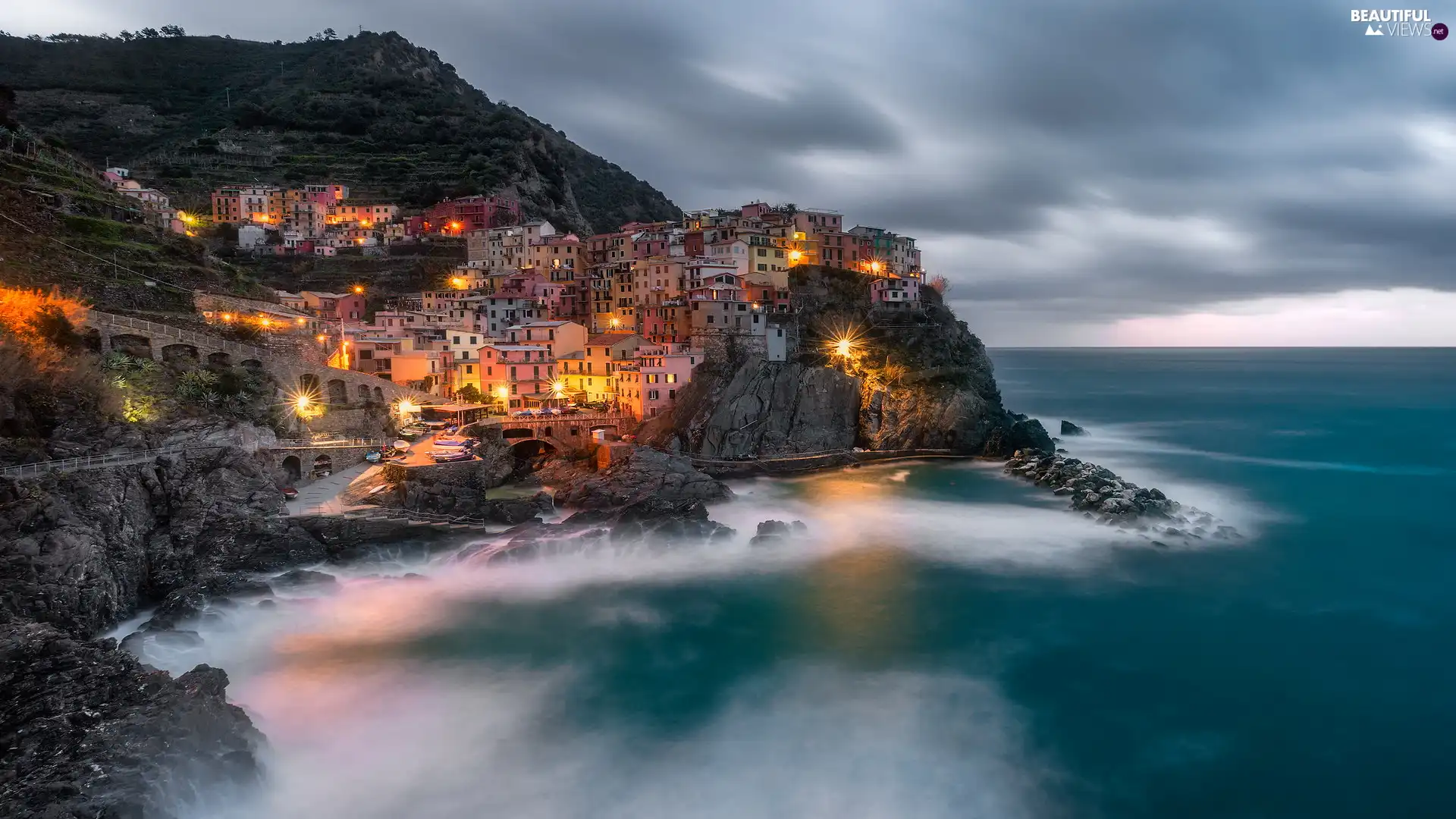 illuminated, Riomaggiore Municipality, Ligurian Sea, Manarola, Italy, Houses, rocks