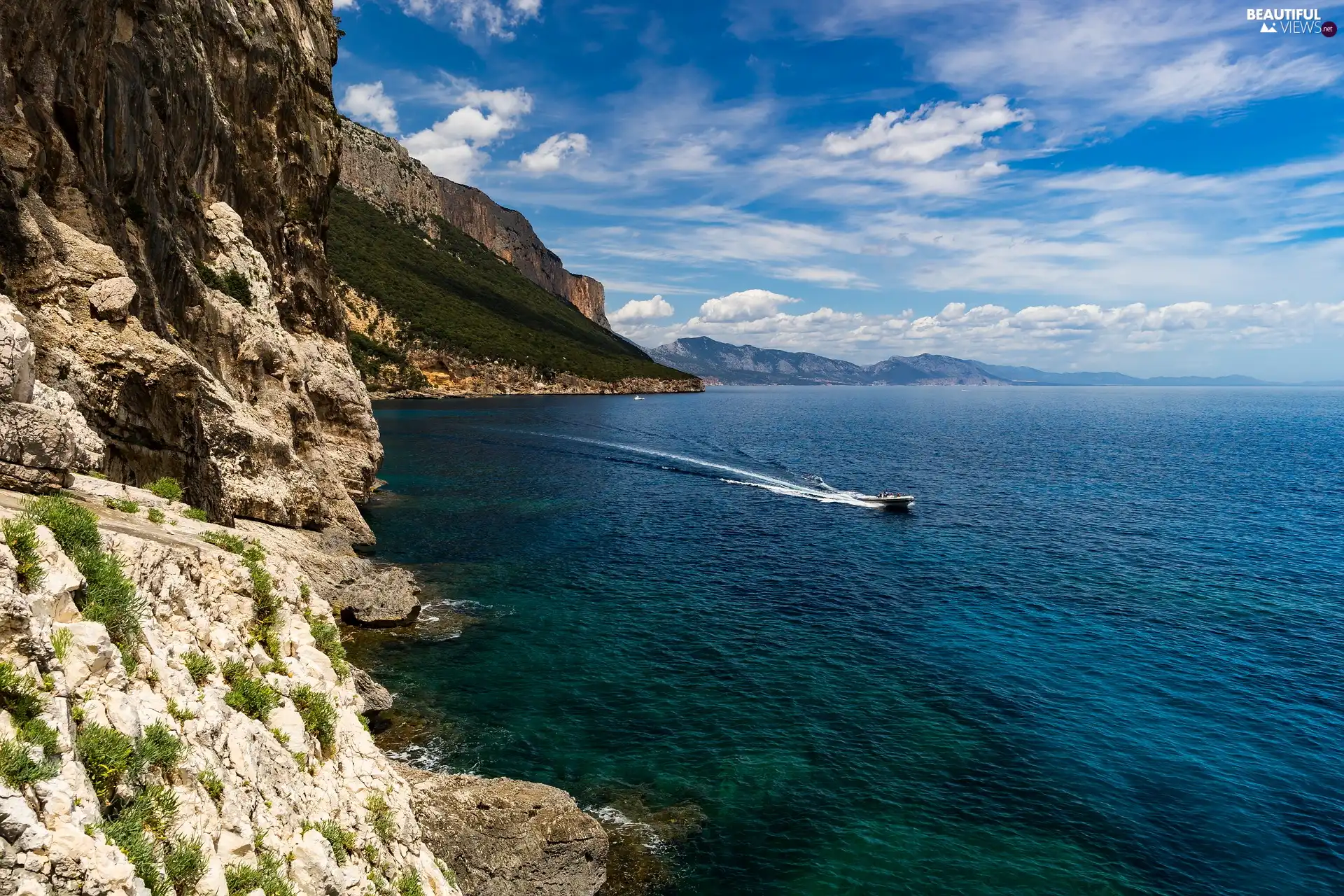 sea, rocks, Sardynia, Mountains, creek, Motor boat, Italy
