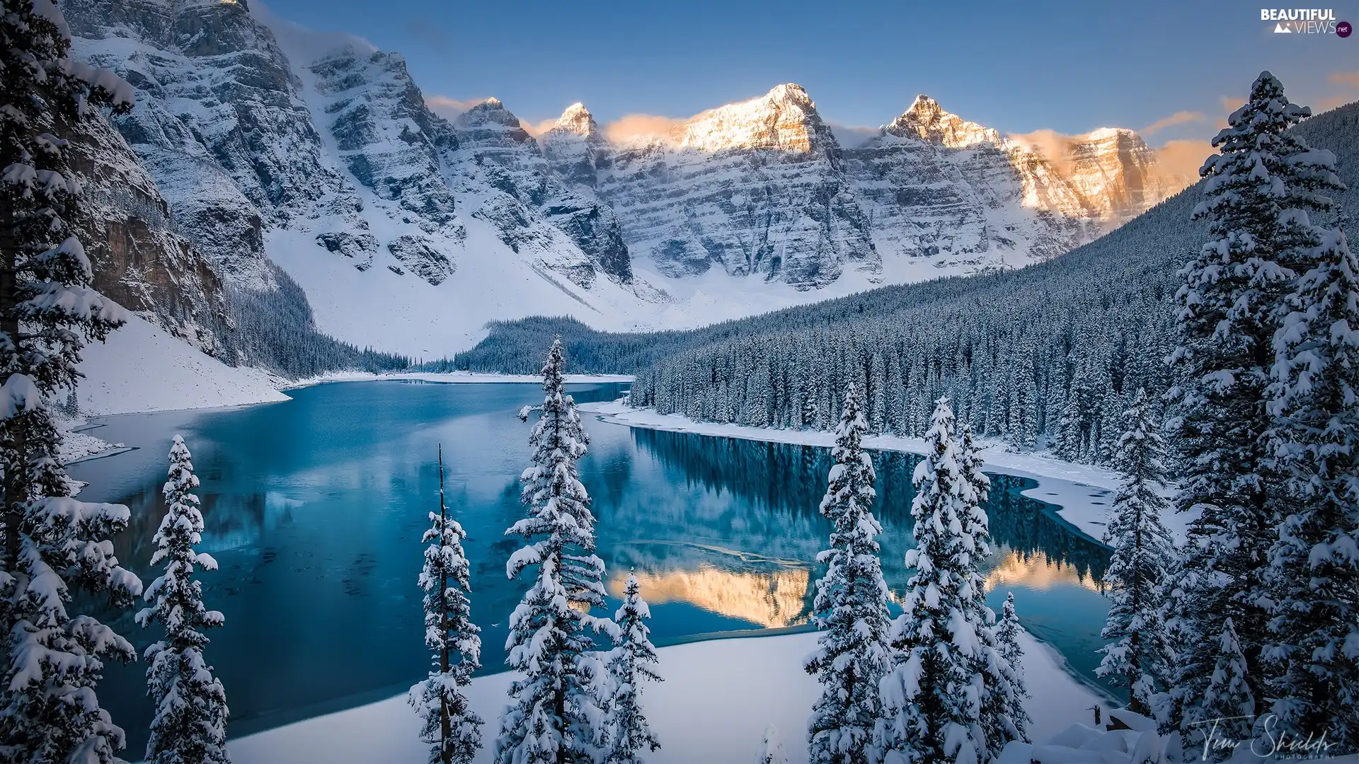 viewes, Mountains, Moraine Lake, Banff National Park, Snowy, winter, lake, Canada, Mountains, trees
