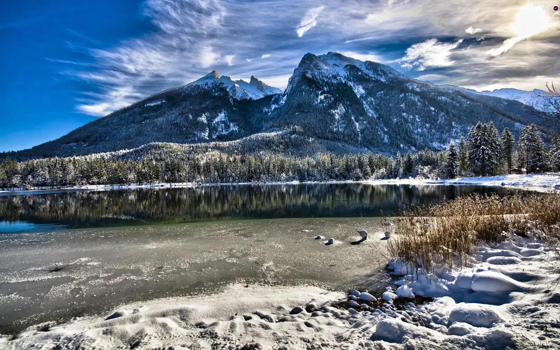 lake, winter, Mountains
