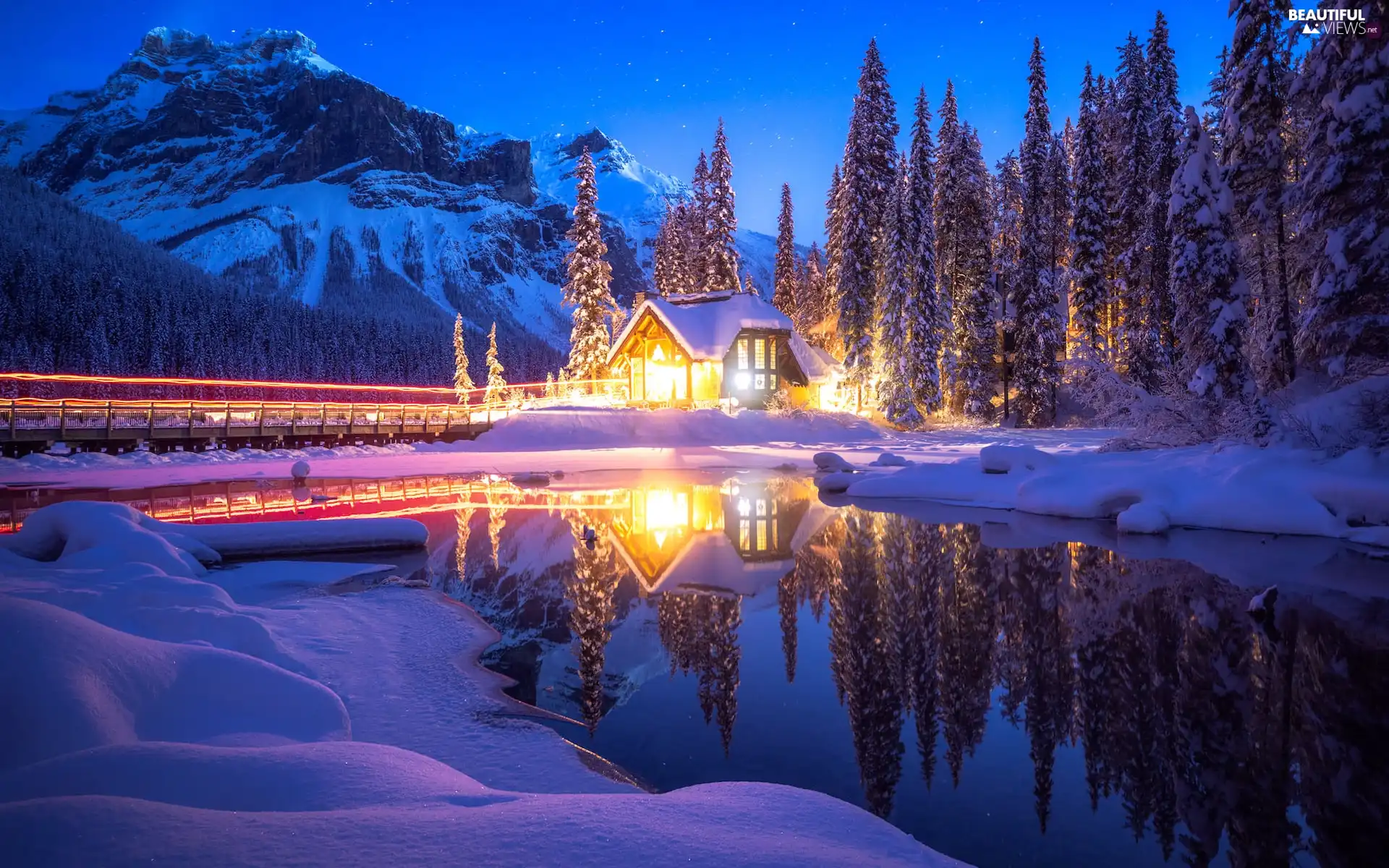 trees, forest, viewes, house, Emerald Lake, Province of British Columbia, Mountains, winter, Canada, Floodlit, lake, Yoho National Park