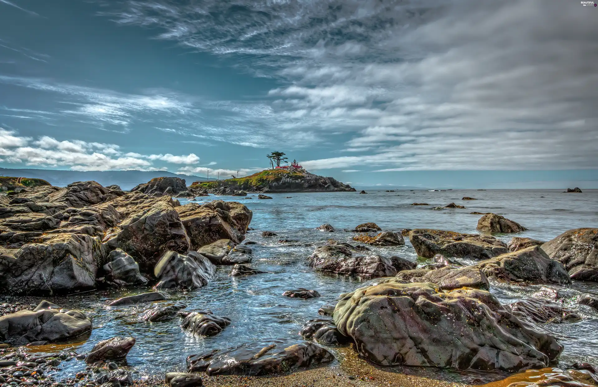 sea, rocks, Lighthouse, Coast