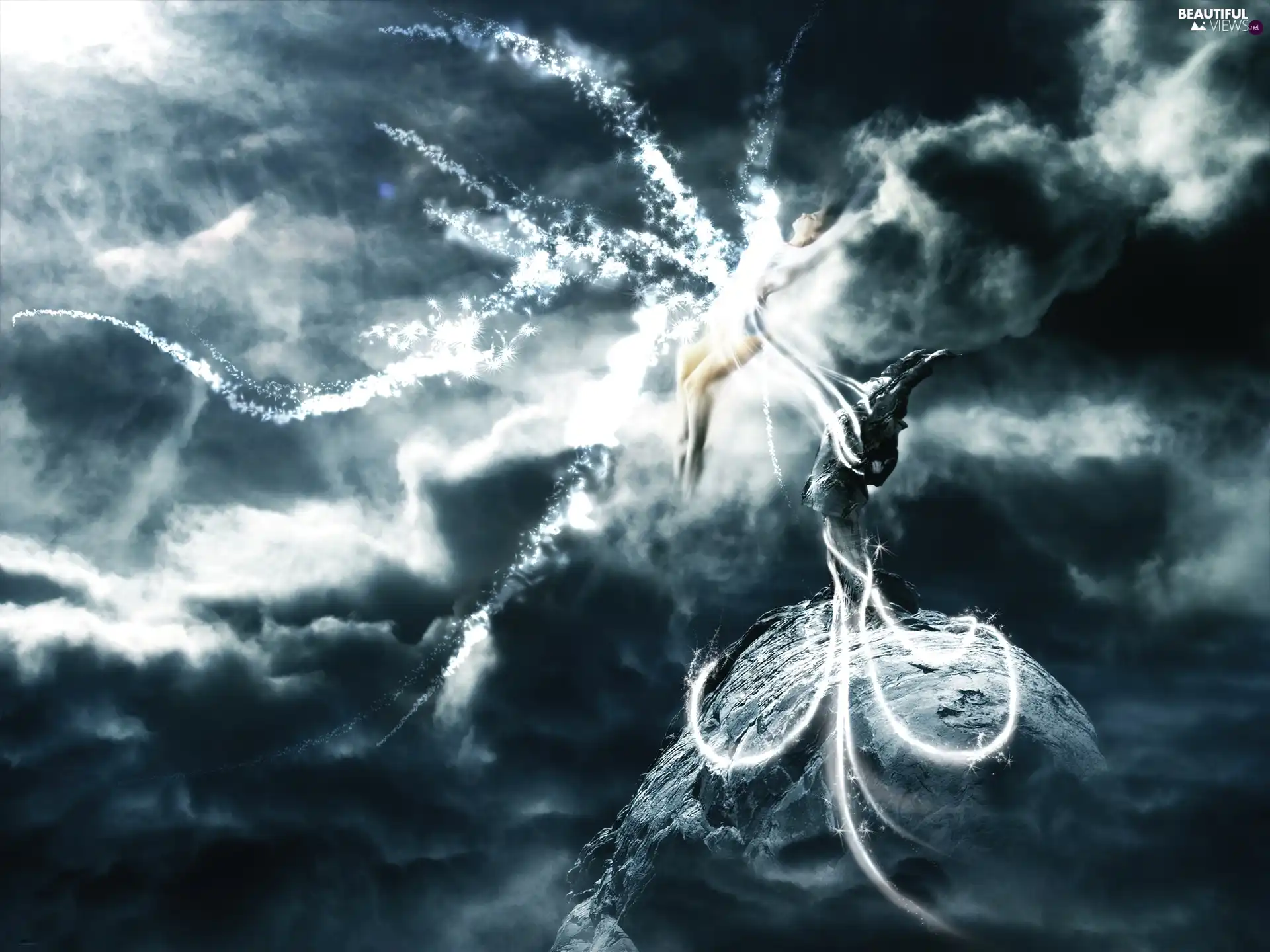 lightning, Women, clouds