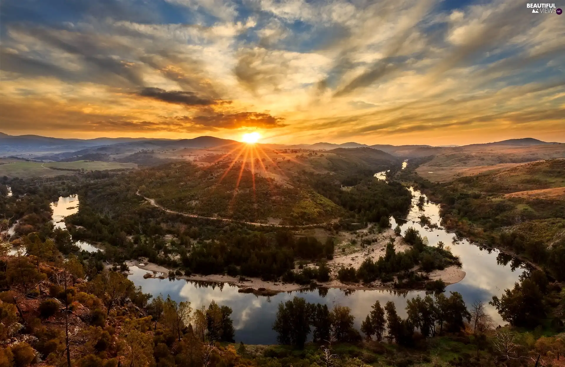Canberra, Australia, Shepherds Lookout, Murrumbidgee River, clouds, Great Sunsets, trees, viewes, The Hills