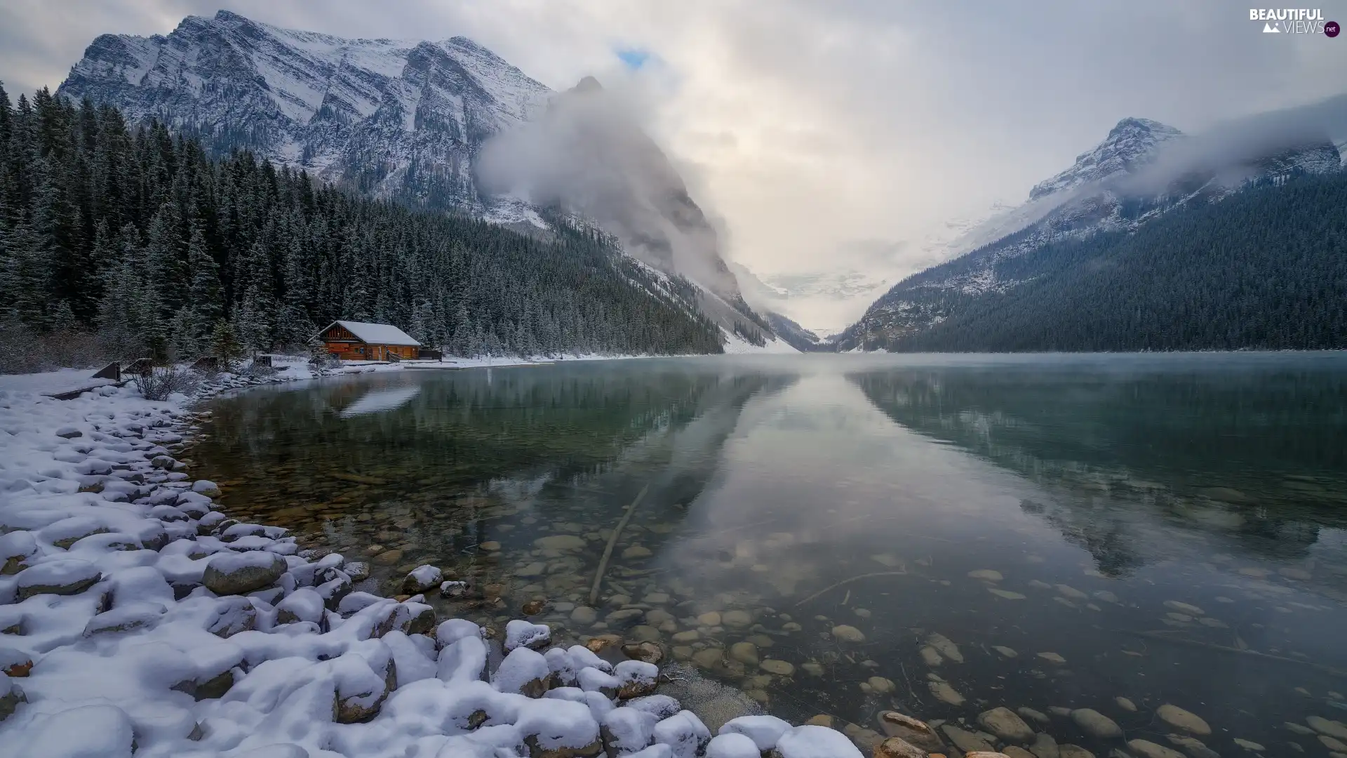 Mountains, forest, Canada, winter, Home, Lake Louise, Banff National Park, Stones