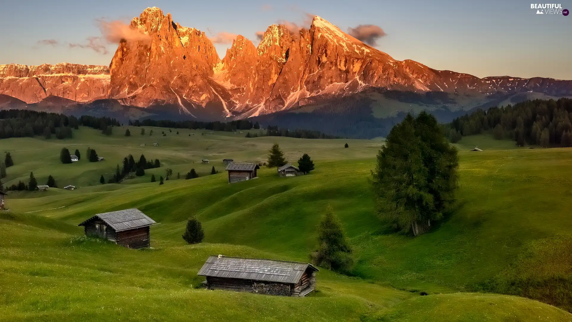 wood, illuminated, trees, Houses, Seiser Alm Meadow, Italy, medows, Dolomites, Sassolungo Mountains, Val Gardena Valley, viewes