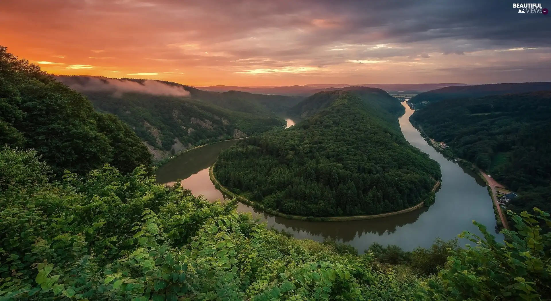 River Saar, curve, Great Sunsets, Meandro del Sarre, viewes, Mettlach, Germany, trees