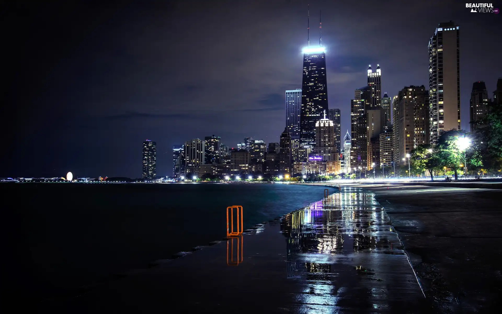 Lake Michigan, Night, Chicago, skyscrapers, The United States