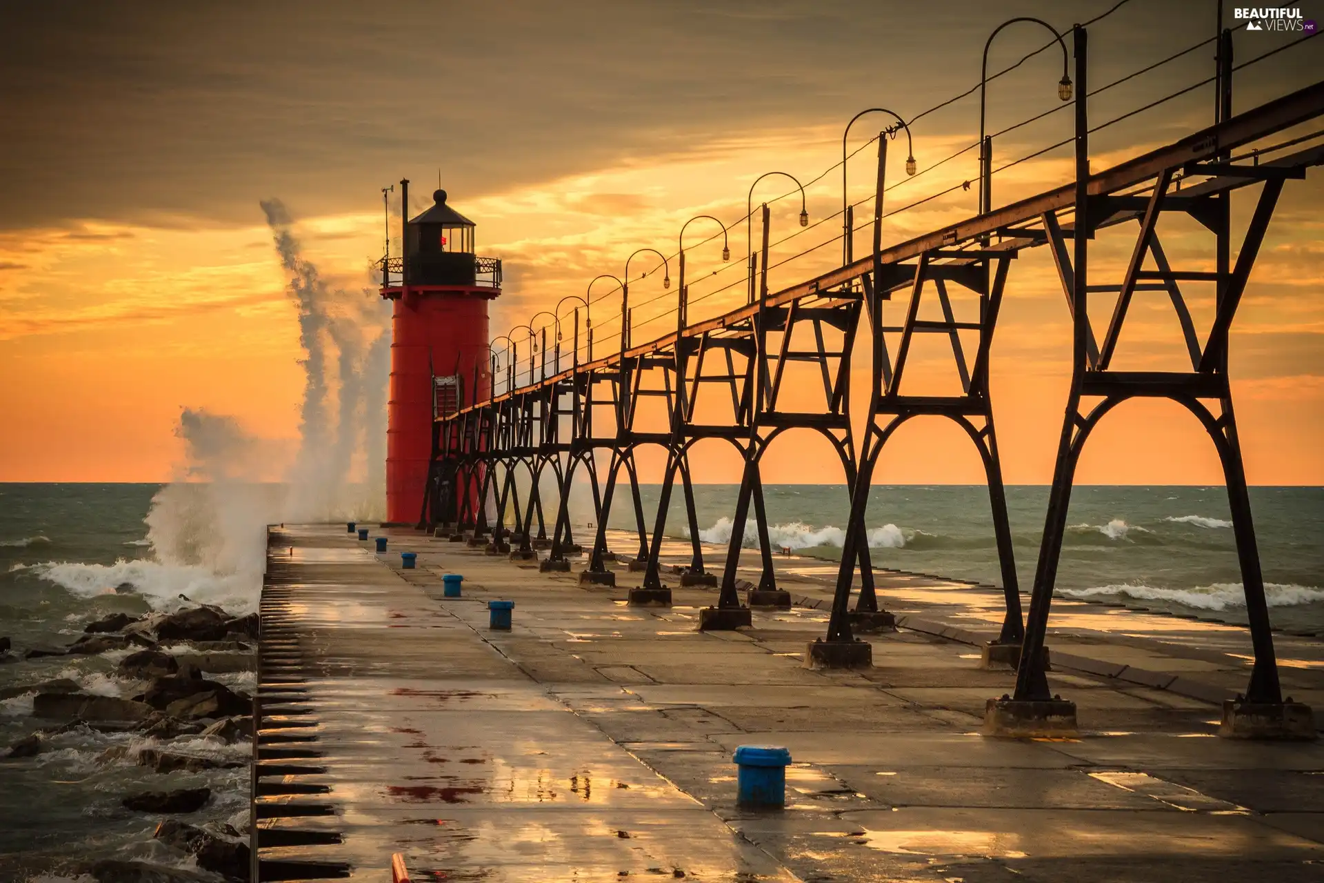 Lighthouses, lake, Michigan, pier