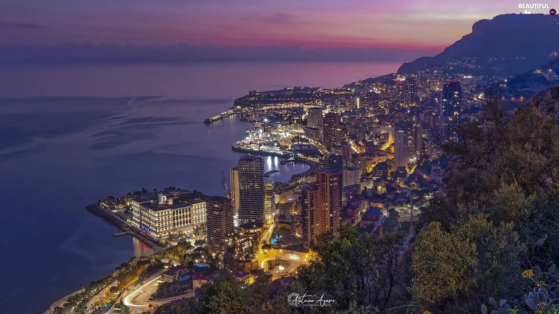 Town, Monaco, sea, illuminated, Night