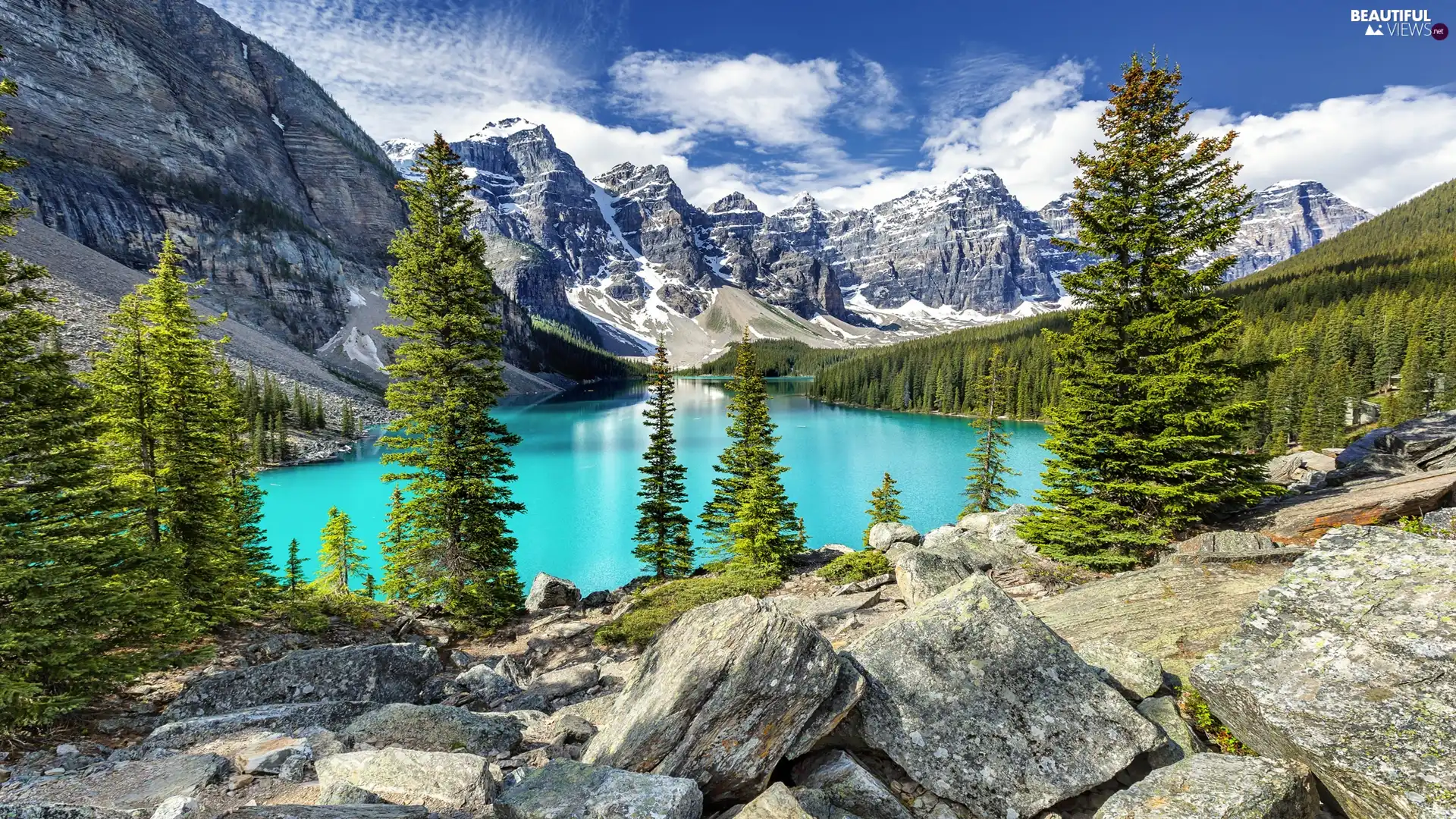 viewes, Alberta, Lake Moraine, clouds, forest, Canada, Banff National Park, Mountains, Stones, trees