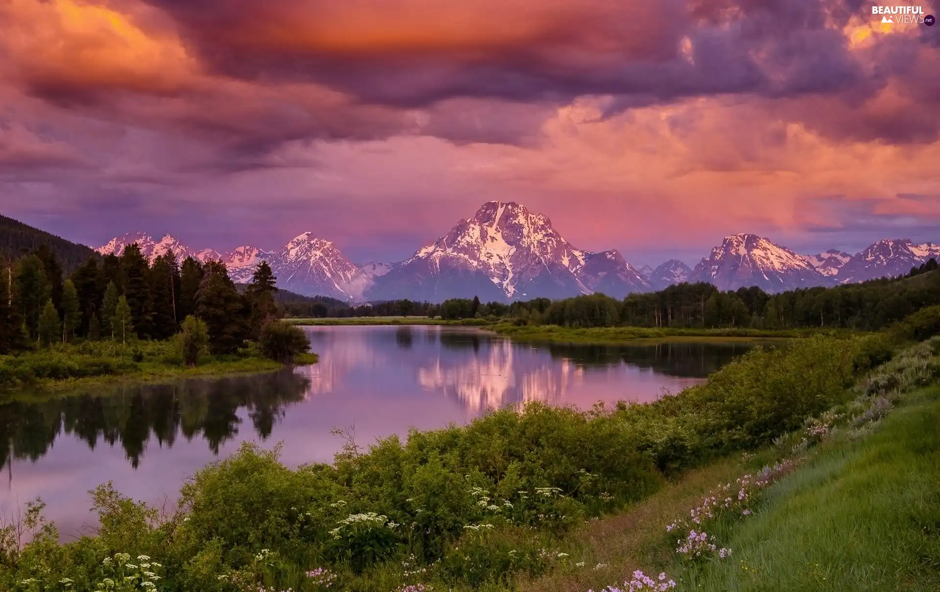 Grand Teton National Park, Snake River, viewes, Mountains, trees, State of Wyoming, The United States, Mount Moran